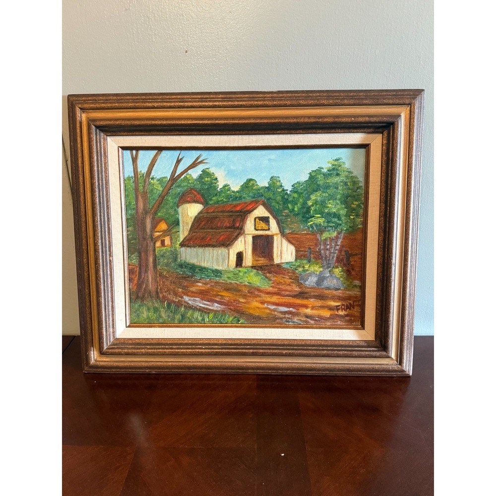 Vintage 1982 Framed Landscape Barn Painting Signed Rustic Farm Wall